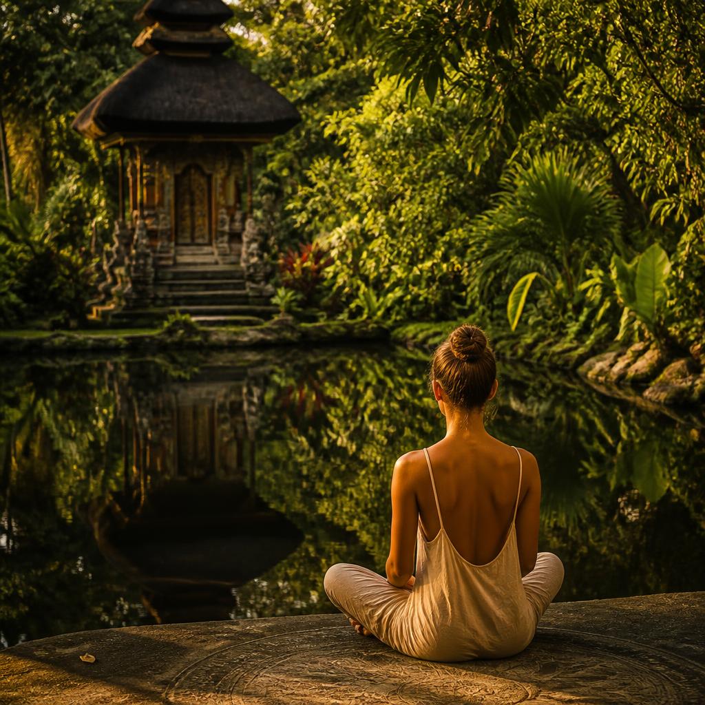 A man seen from behind, seated on a woven mat in a low-lit jungle pavilion at dusk, one hand resting over his heart