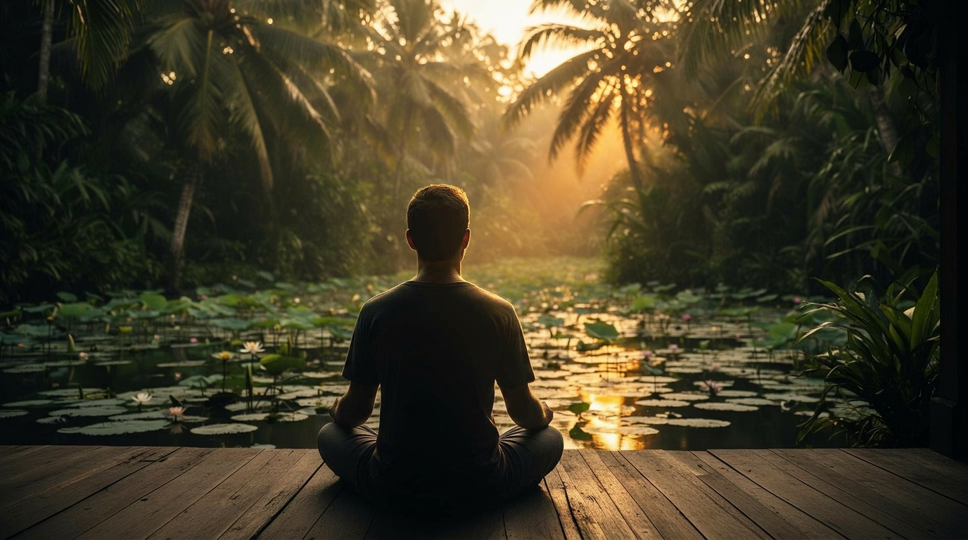 A man sits quietly on a wooden deck at Samyama, looking out over the lily pond as soft golden light filters through the jungle