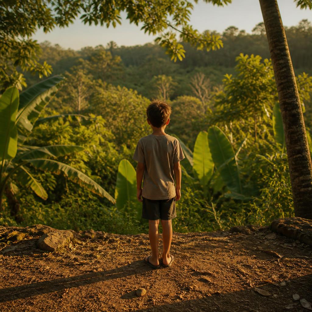 A young boy seen from behind, standing barefoot on a wooden pavilion deck at dusk, warm oil lamp glow beside him, misty Bali jungle beyond
