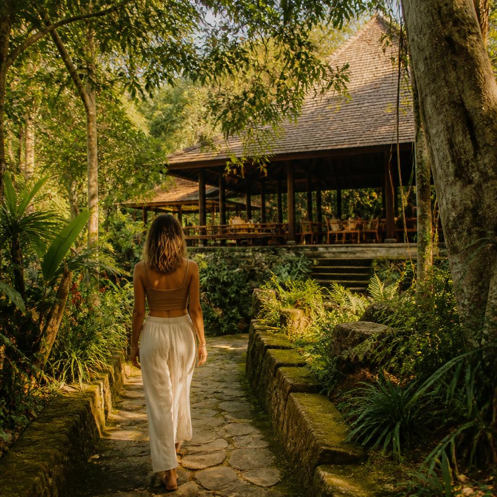 A single figure in linen clothing walking barefoot along a moss-lined stone path into misty Balinese jungle at dawn