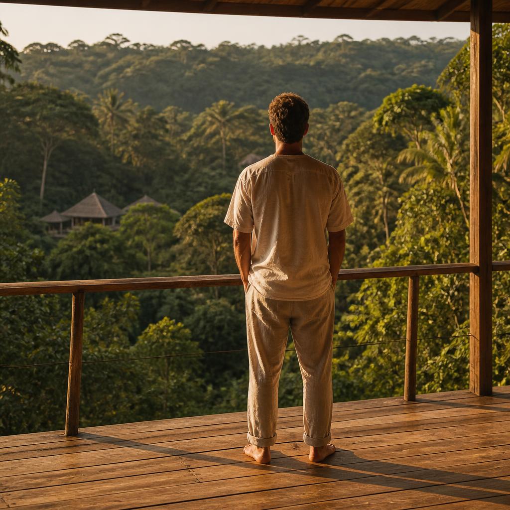 A man walking barefoot along a moss-lined stone path through misty Balinese jungle at dawn, seen from behind