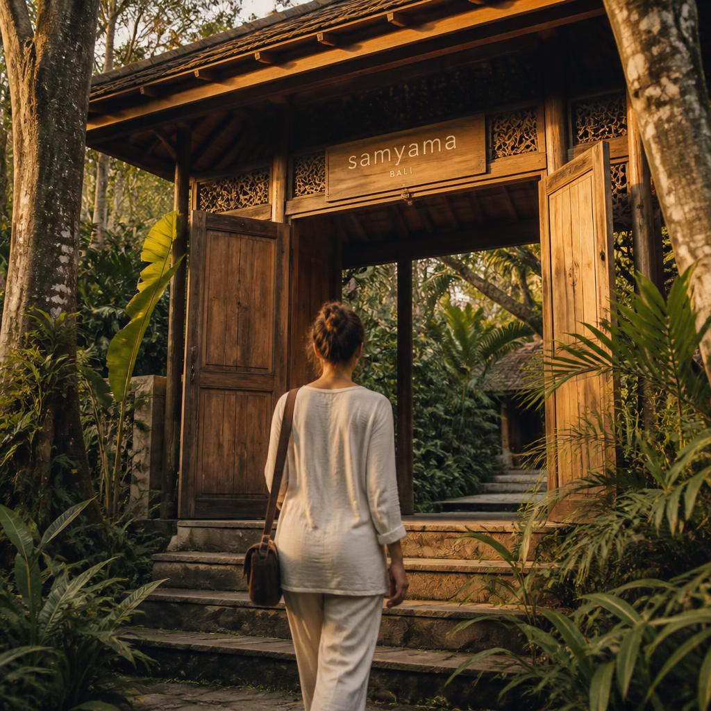 A single figure seen from behind, seated on a wooden platform at the edge of a jungle pavilion at dawn, warm candlelight nearby