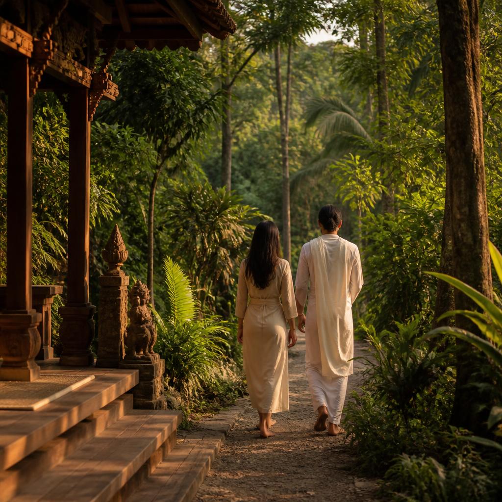 Two figures walking slowly at a distance along a moss-lined stone path through misty dawn jungle, seen from behind
