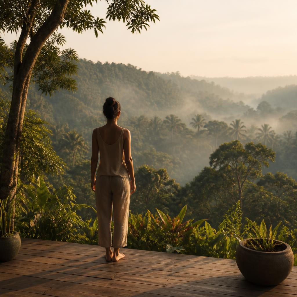 A single figure seen from behind, seated cross-legged on a woven mat looking over a still lily pond at dusk, warm oil lamp glow to one side