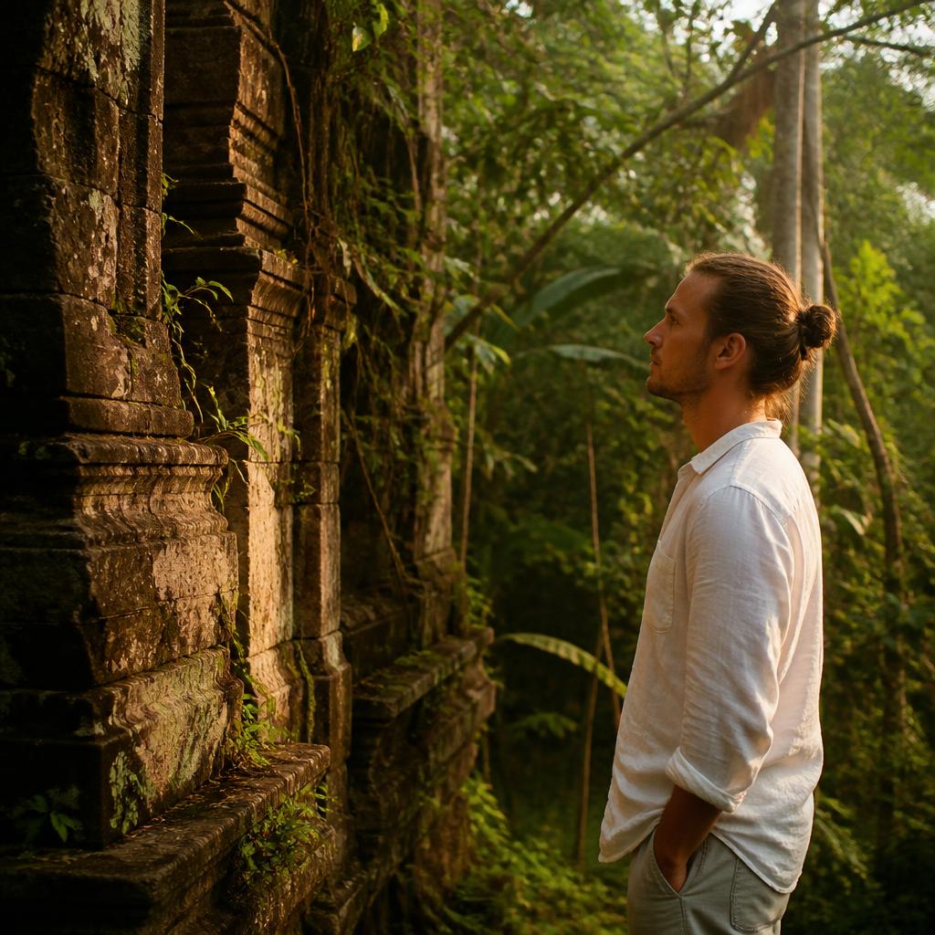 Two men in profile, one older and one younger, seated across from each other in a lantern-lit Bali jungle pavilion at night