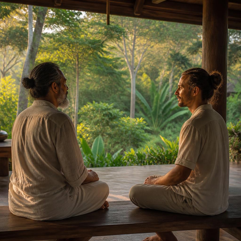 Two men in profile, seated across from each other in quiet dialogue by a single lantern in a Bali jungle pavilion at night