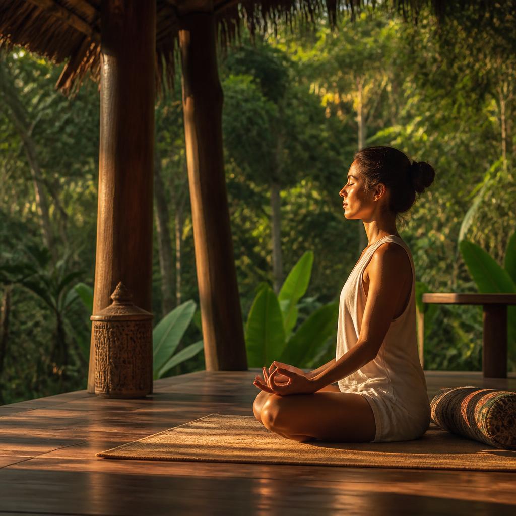 Two figures silhouetted at a distance inside a shadowed Dhyana hall, a single warm lantern above, misty jungle beyond
