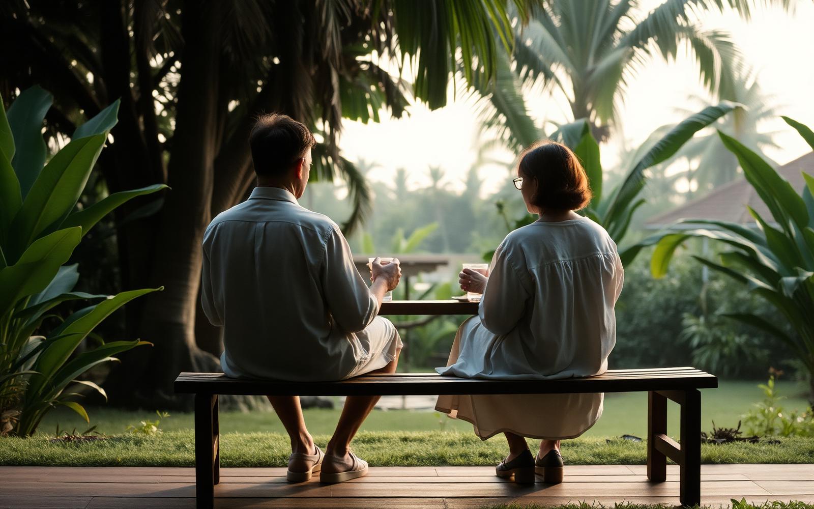 A couple sitting quietly together in the Balinese jungle at Samyama, Ubud