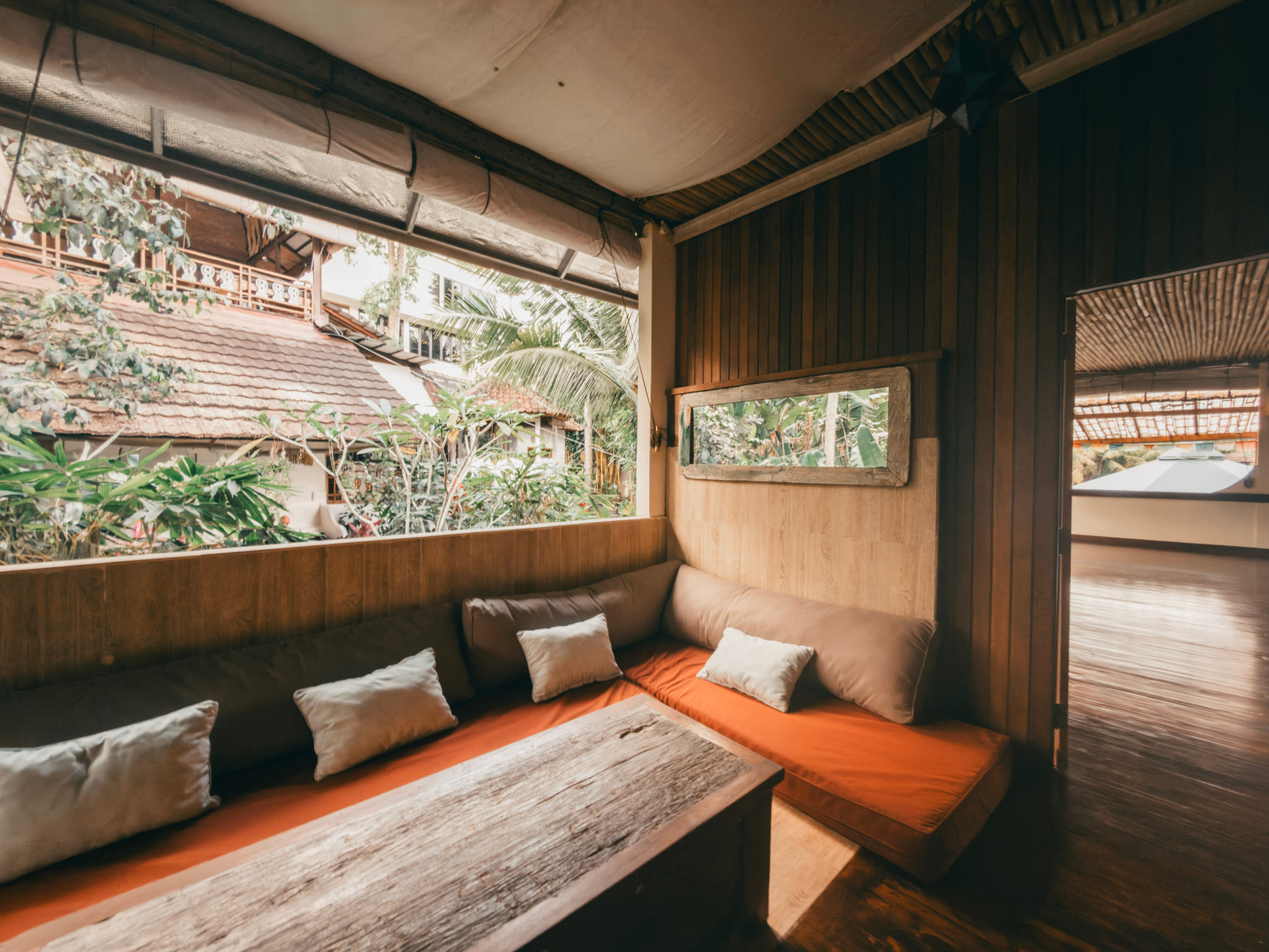 Dhyana Hall wooden ceiling and decor