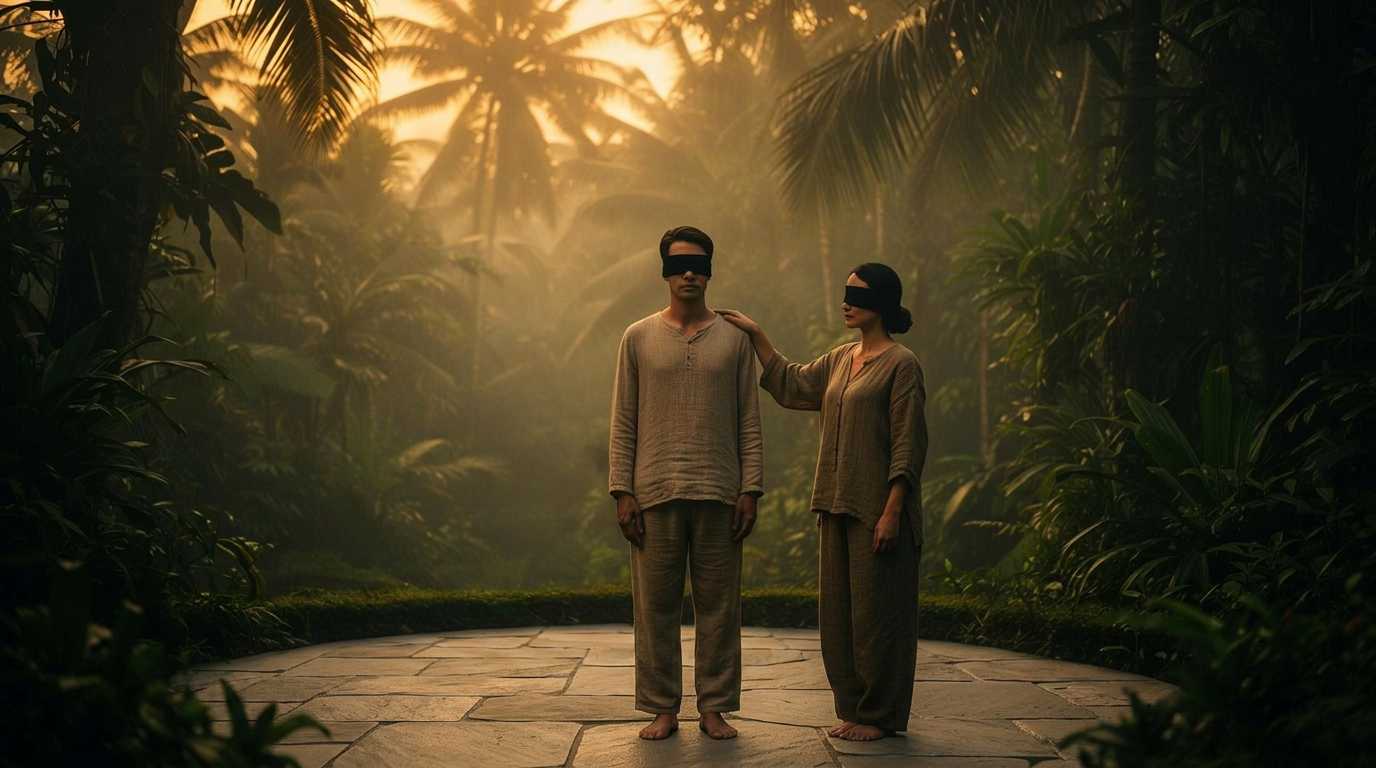 A man and a woman wearing black blindfolds standing together in the misty Ubud jungle, her hand resting gently on his shoulder