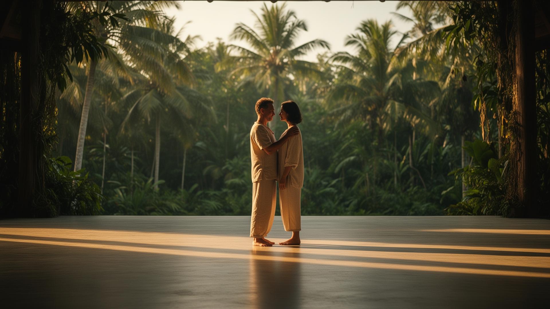 A man and a woman kneeling face to face on a wooden floor in soft jungle light, hands raised in a gesture of mutual consent
