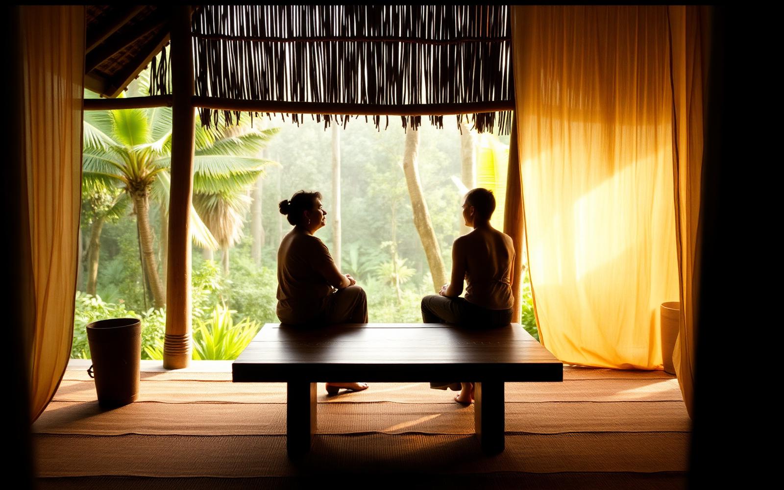 Two people in quiet facilitated conversation at Samyama, Ubud