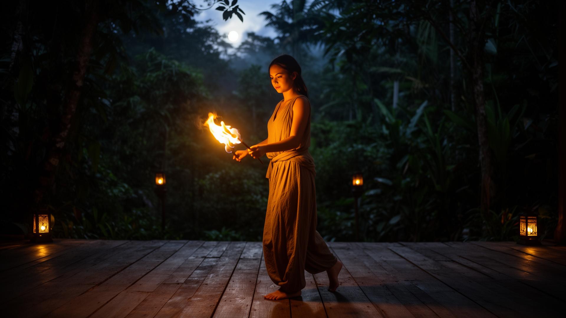 A learner exploring her first fire poi moves on a wooden floor in the moonlit Bali jungle
