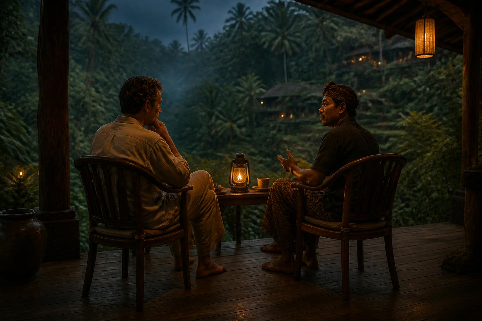 Two men in quiet conversation on a jungle veranda at Samyama, Ubud