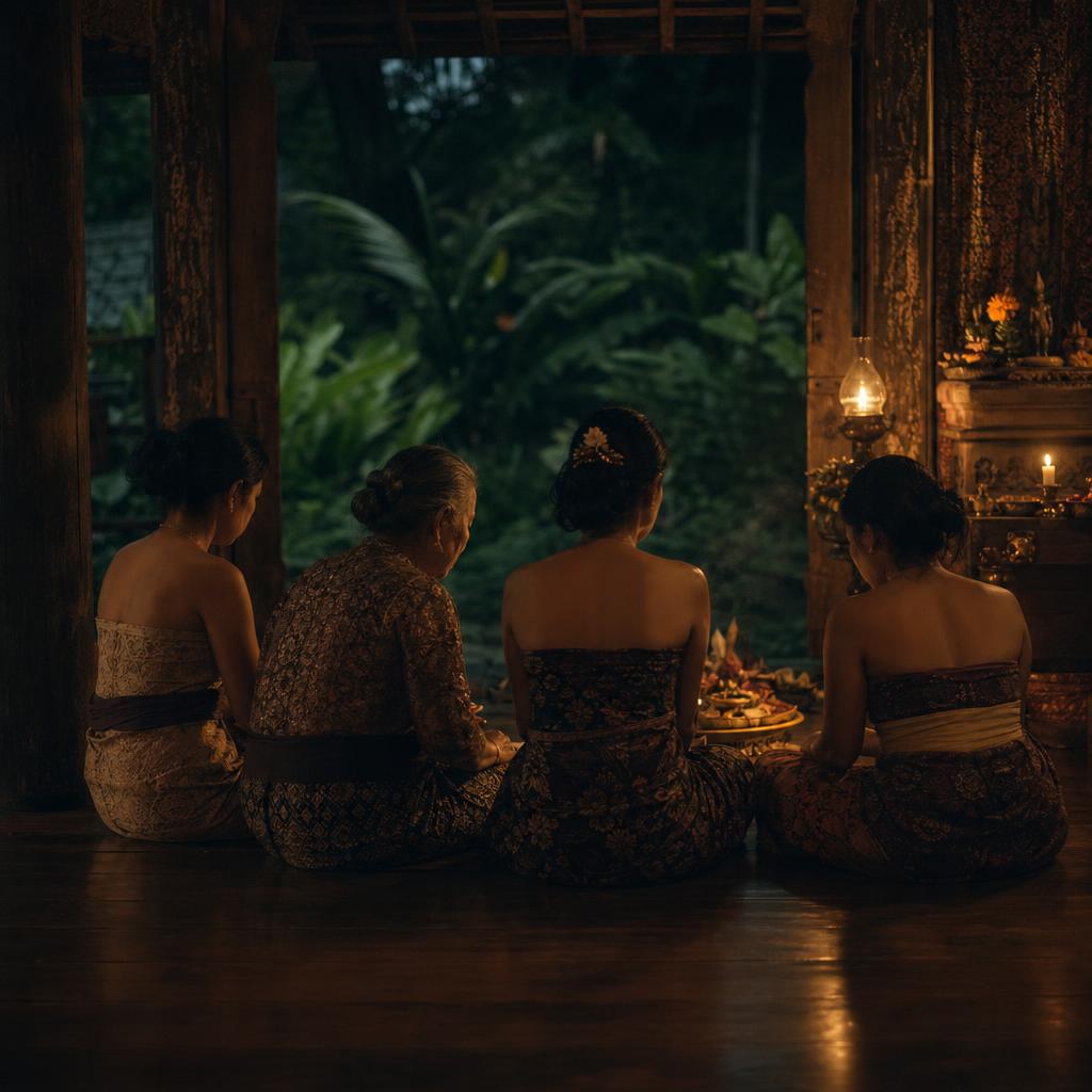 A woman seated with her mother and sisters in a low-lit Balinese pavilion