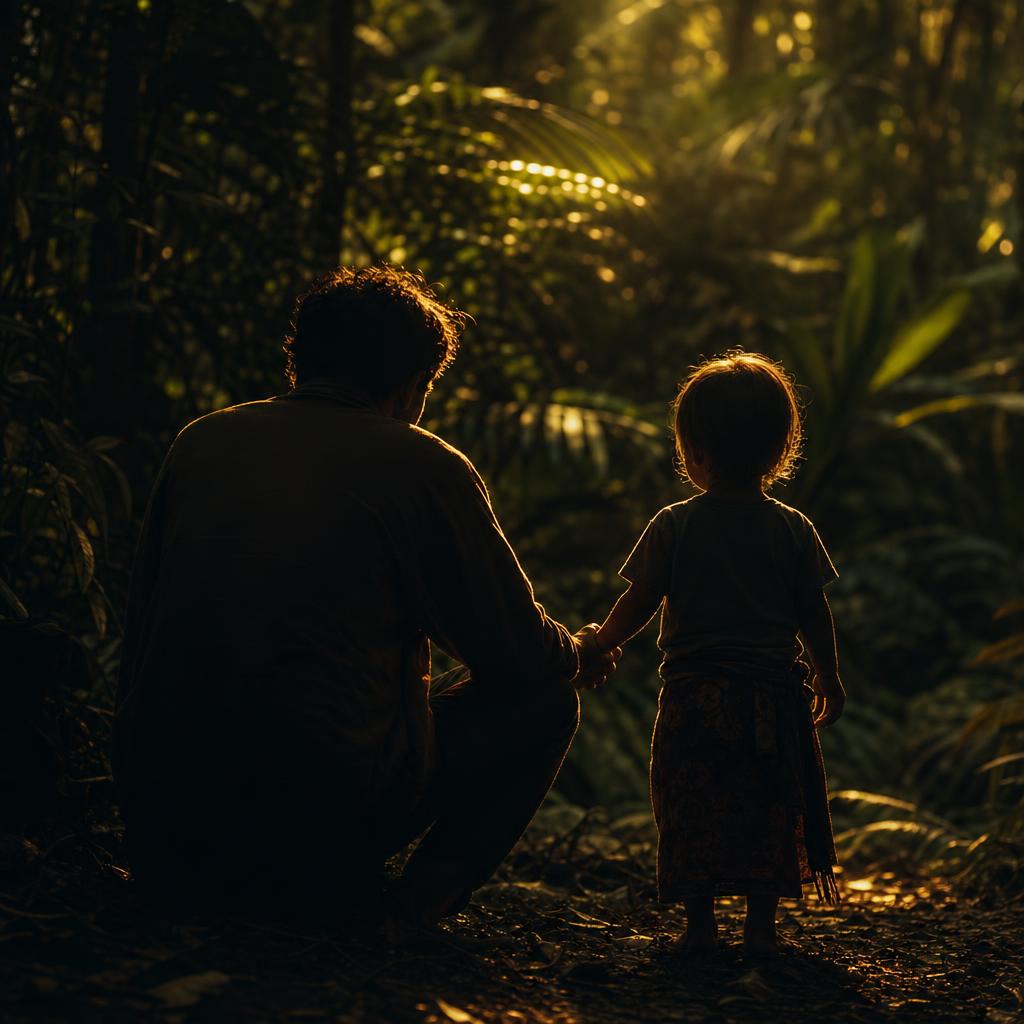A man holding the hand of a small child in low jungle light