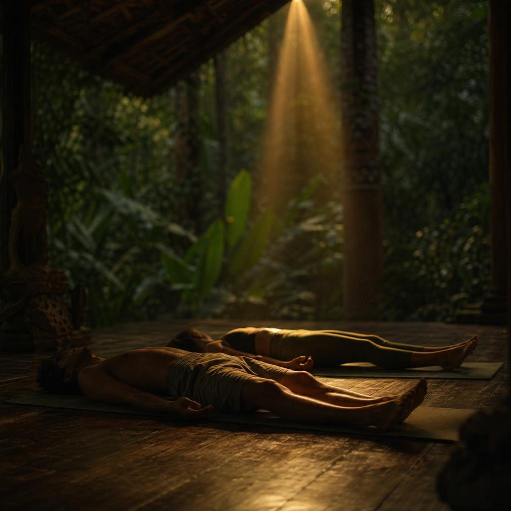 Two people in quiet facilitated shadow work at Samyama, Ubud