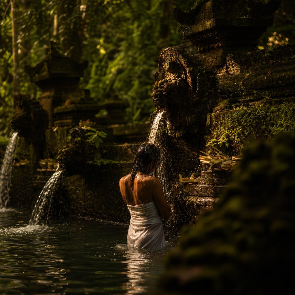 A figure in white sarong receiving water at a Balinese purification temple