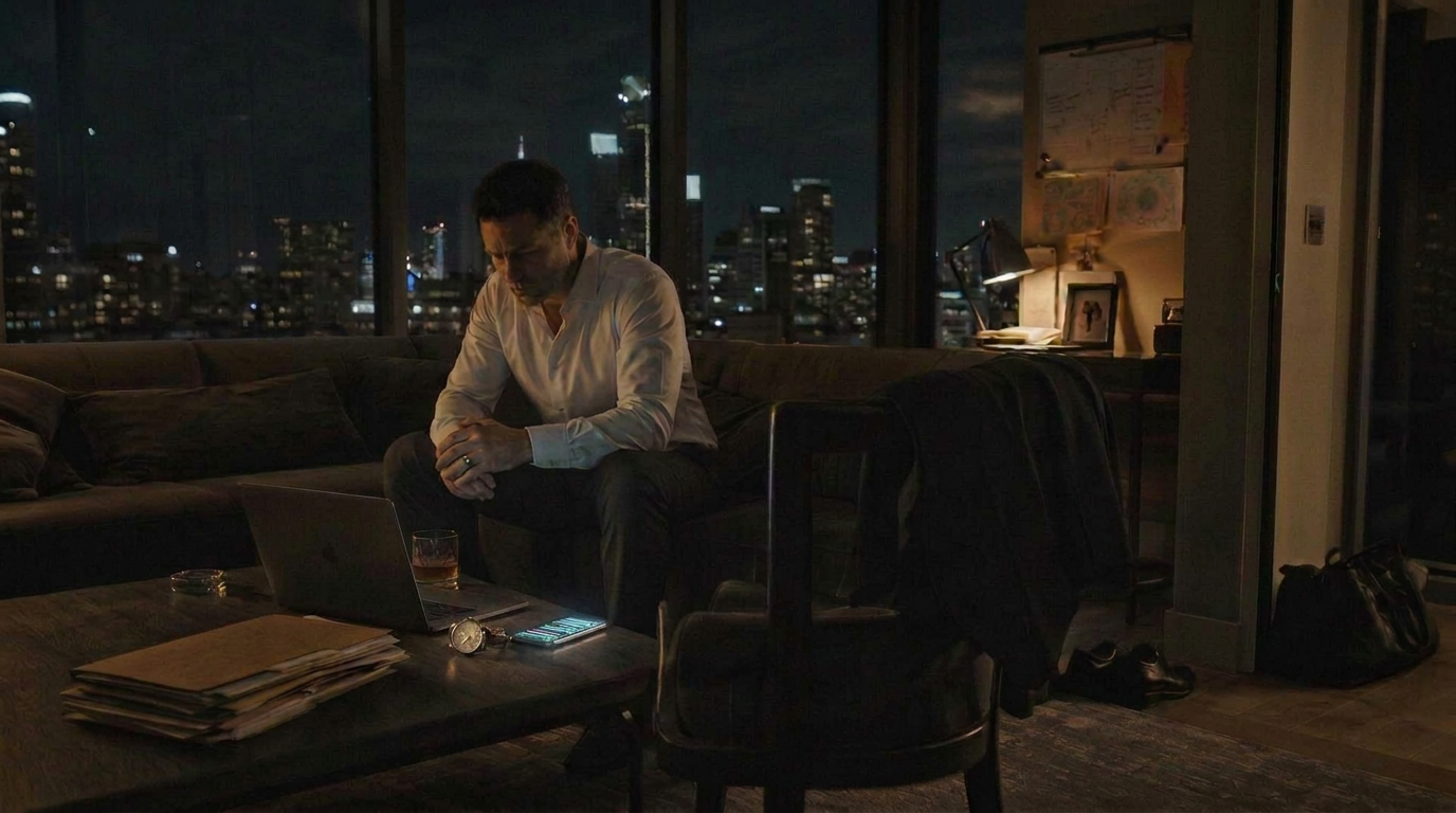 A man sits alone in an expensive modern penthouse late at night, city skyline through floor-to-ceiling windows, warm lamp glow and cool moonlight, quiet exhaustion in his posture
