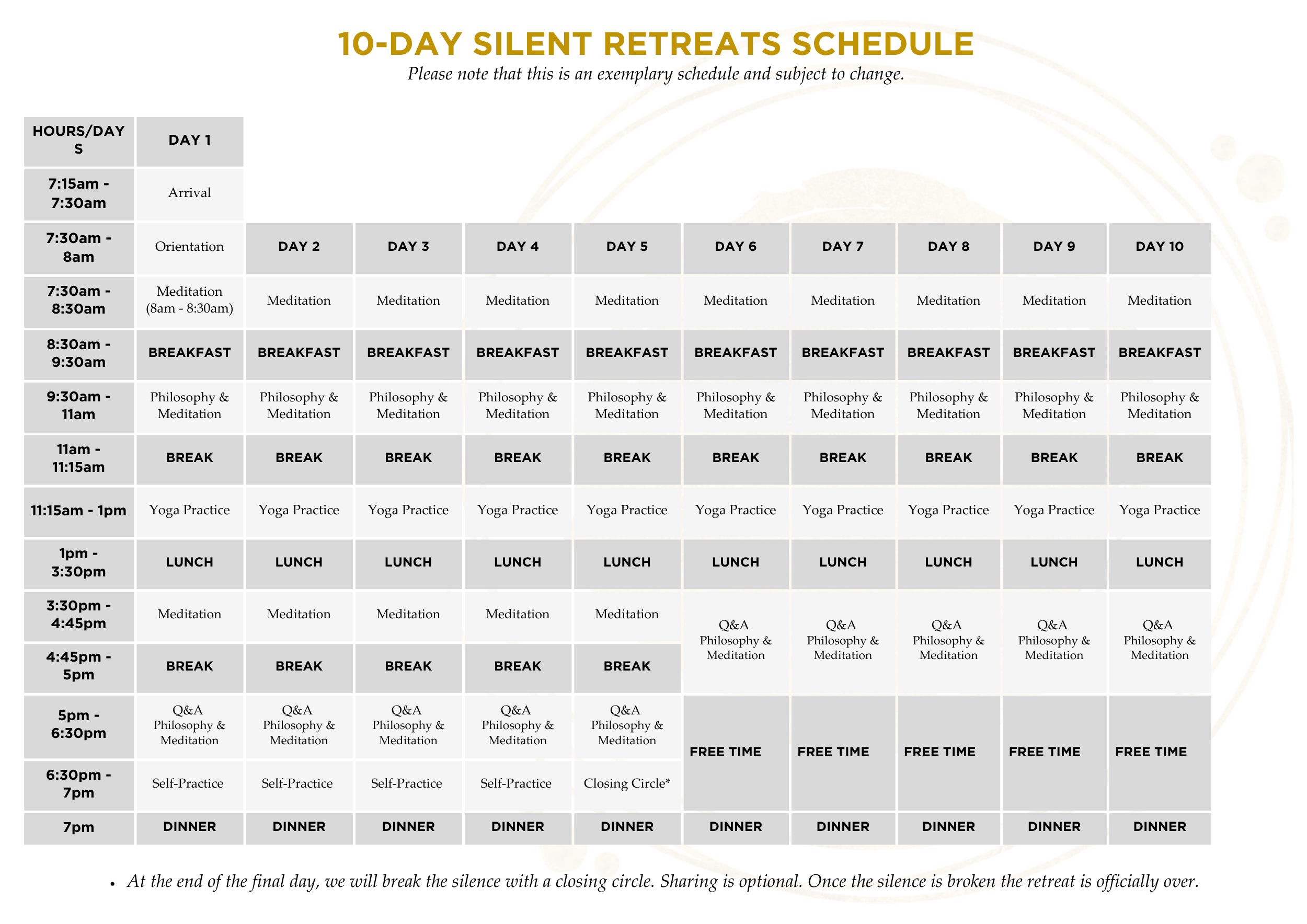 10 day silent retreat schedule
